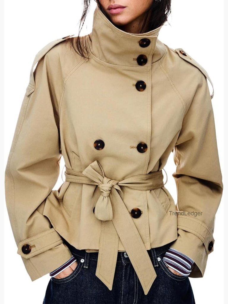 Women's Cropped Trench Coat Double Breasted Short Jacket High Collar Fall Winter